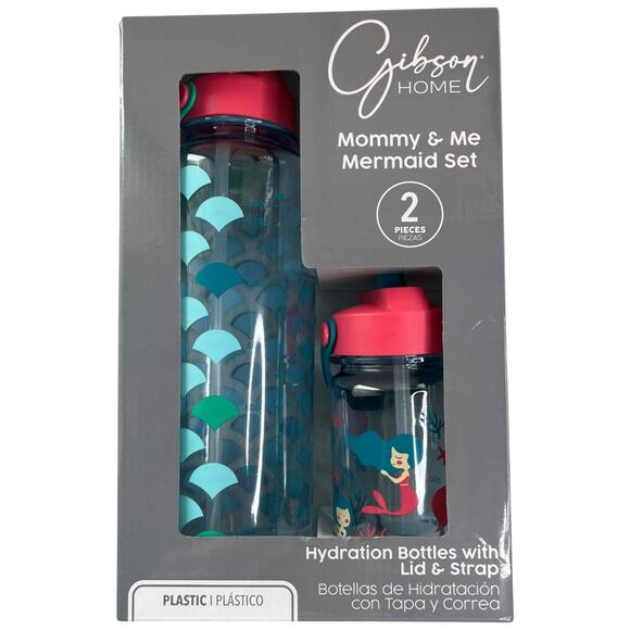 Gibson Homewears mommy and me plastic Mermaid water bottles w/ lid and strap NIB - Picture 1 of 5